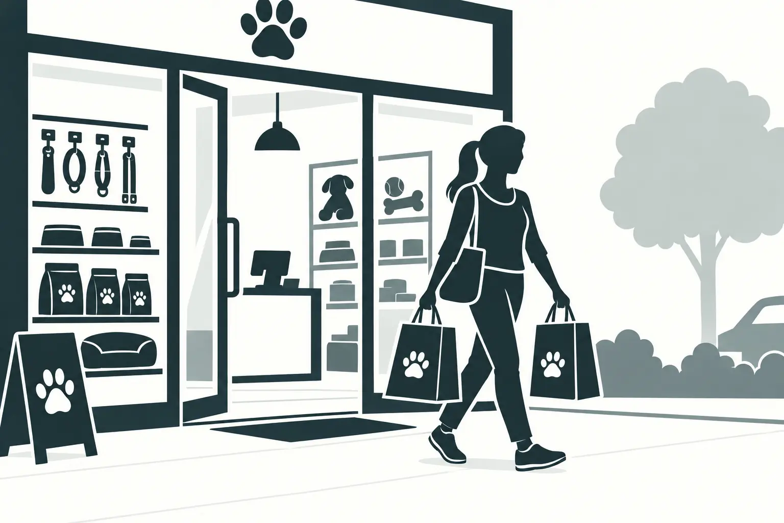 walking out of a pet store with new dog supplies