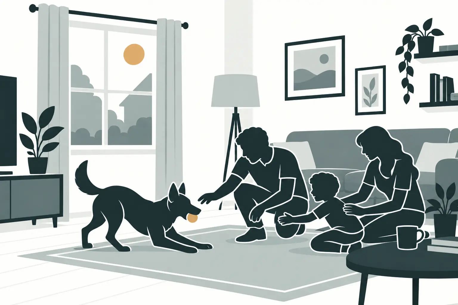 rescue dog playing happily in the living room