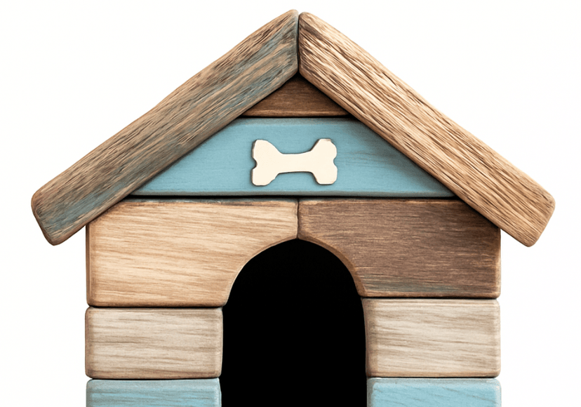 Dog house illustration showing a cartoon dog next to a colorful doghouse, representing the concept of rescue dogs finding forever homes
