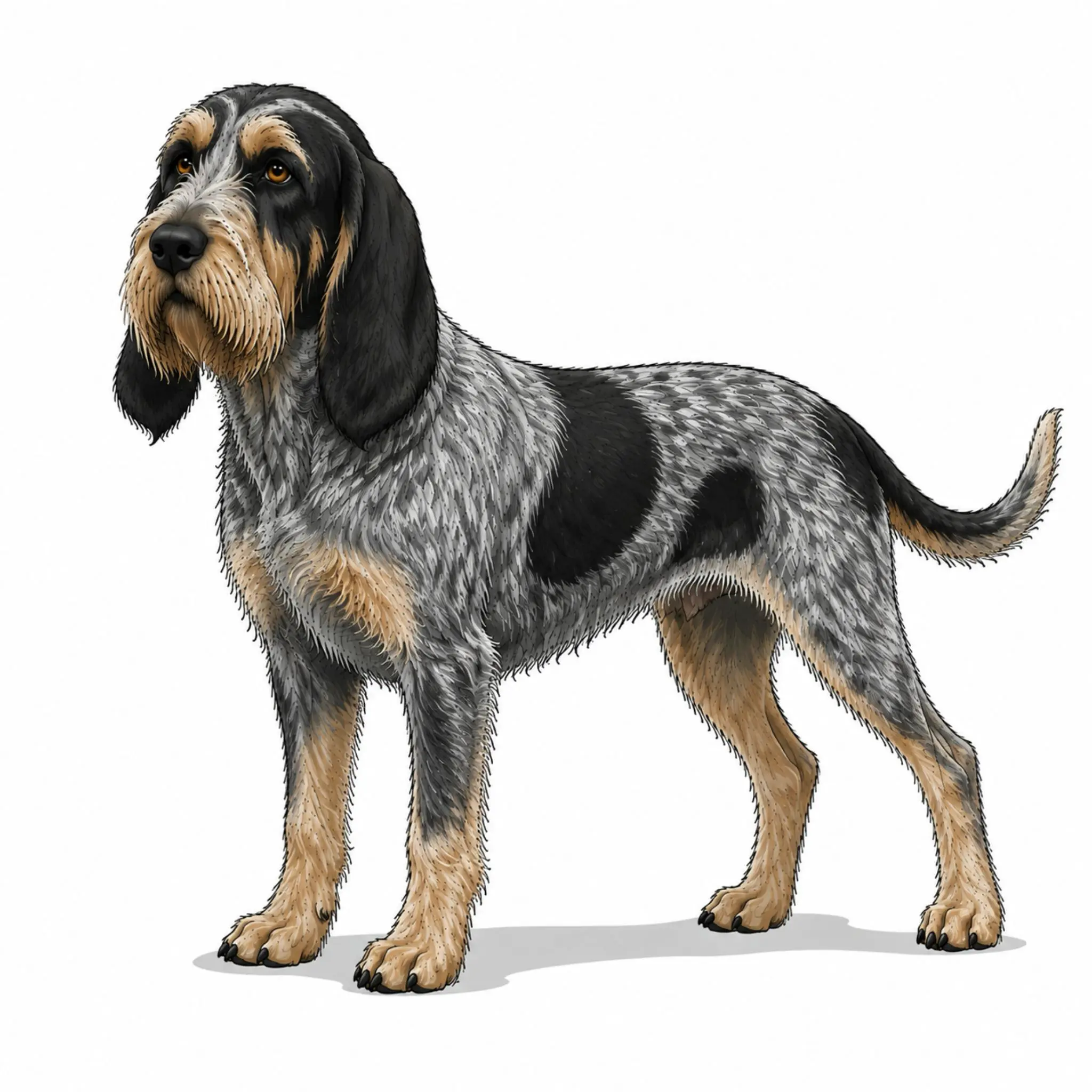 Griffon Bleu De Gascogne dog breed - A wiry-coated Gascon hound with the famous blue-mottled coat.