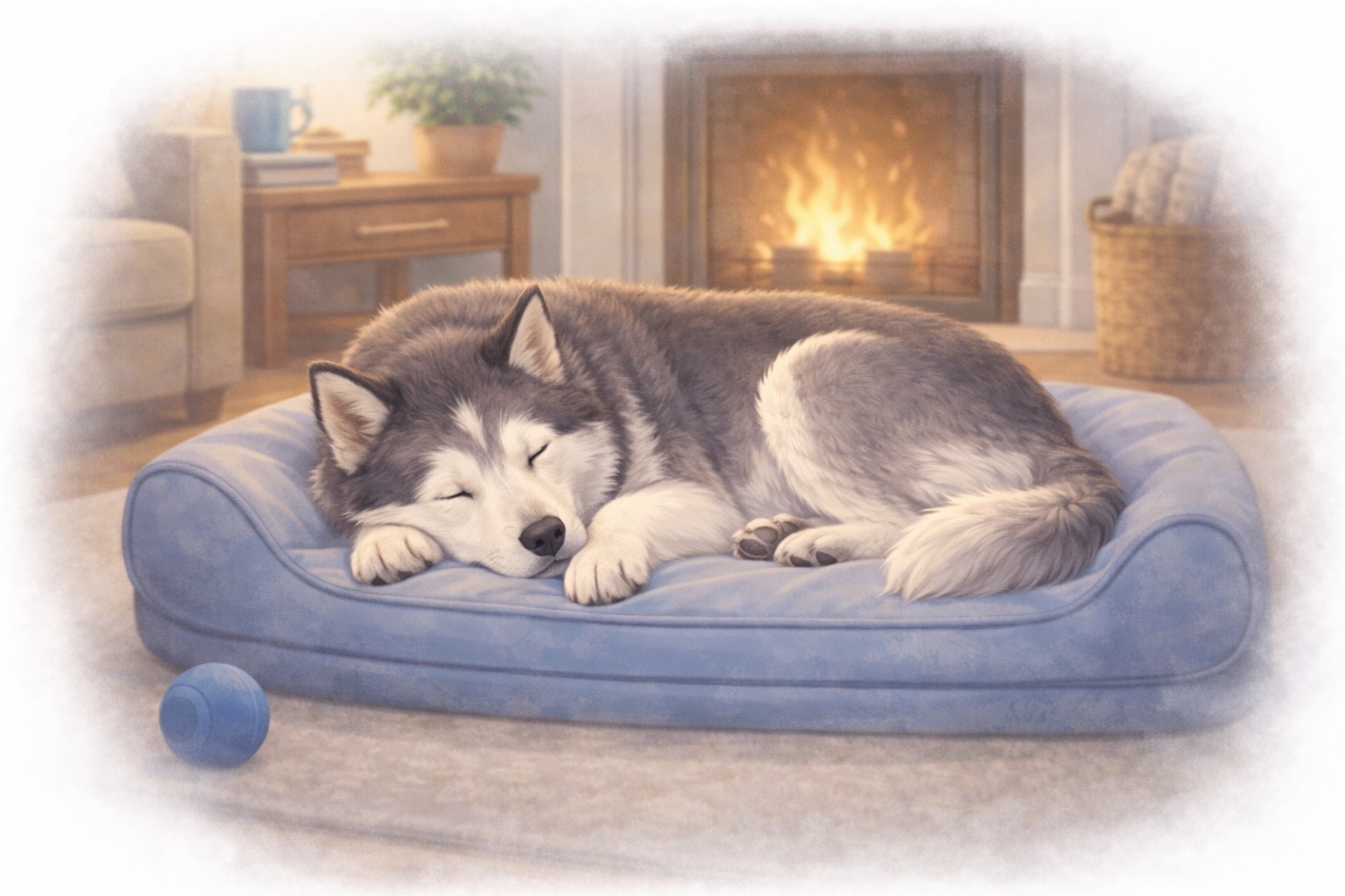 Dog sleeping on his bed